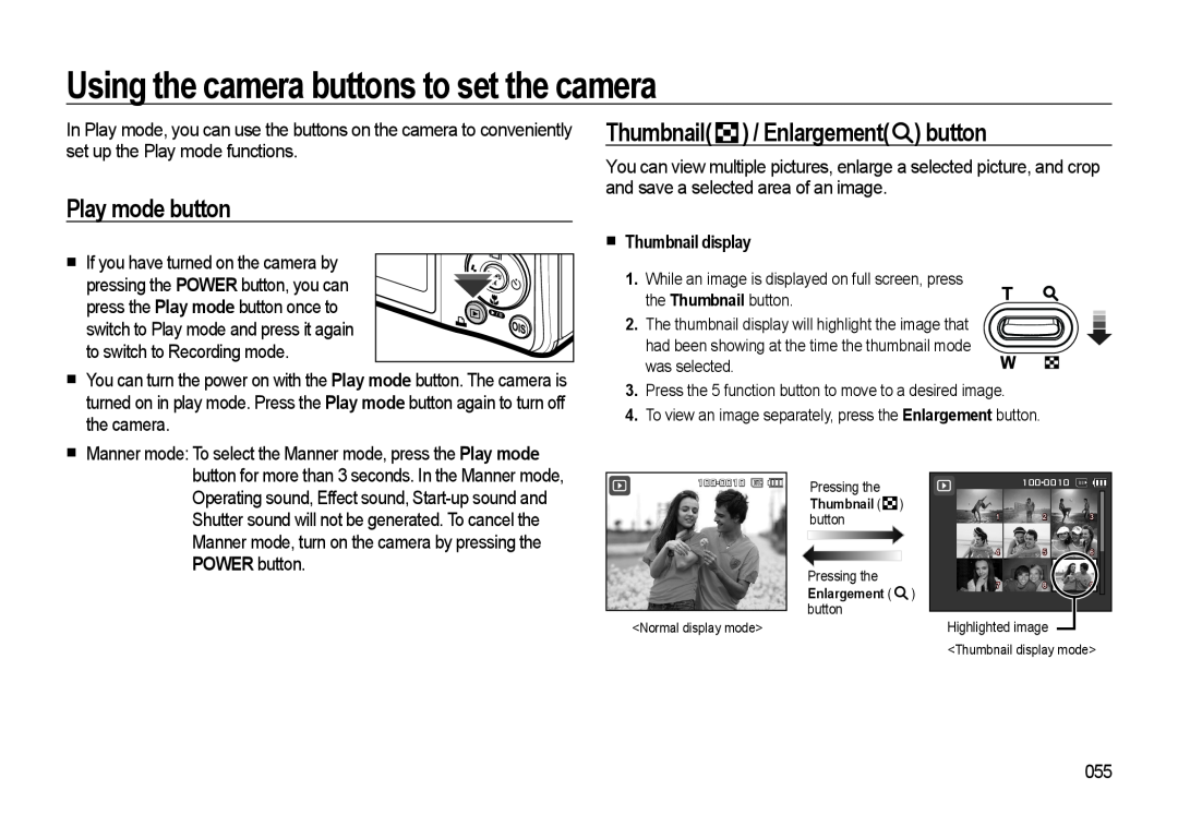 Samsung EC-L310WPBB/IT manual Using the camera buttons to set the camera, Play mode button, Thumbnail / Enlargement button 