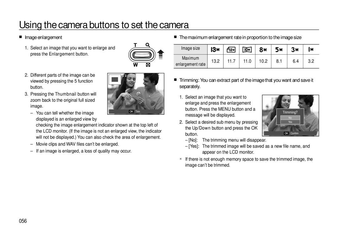 Samsung EC-L310WSBA/E1 manual Image enlargement, The maximum enlargement rate in proportion to the image size, Image size 