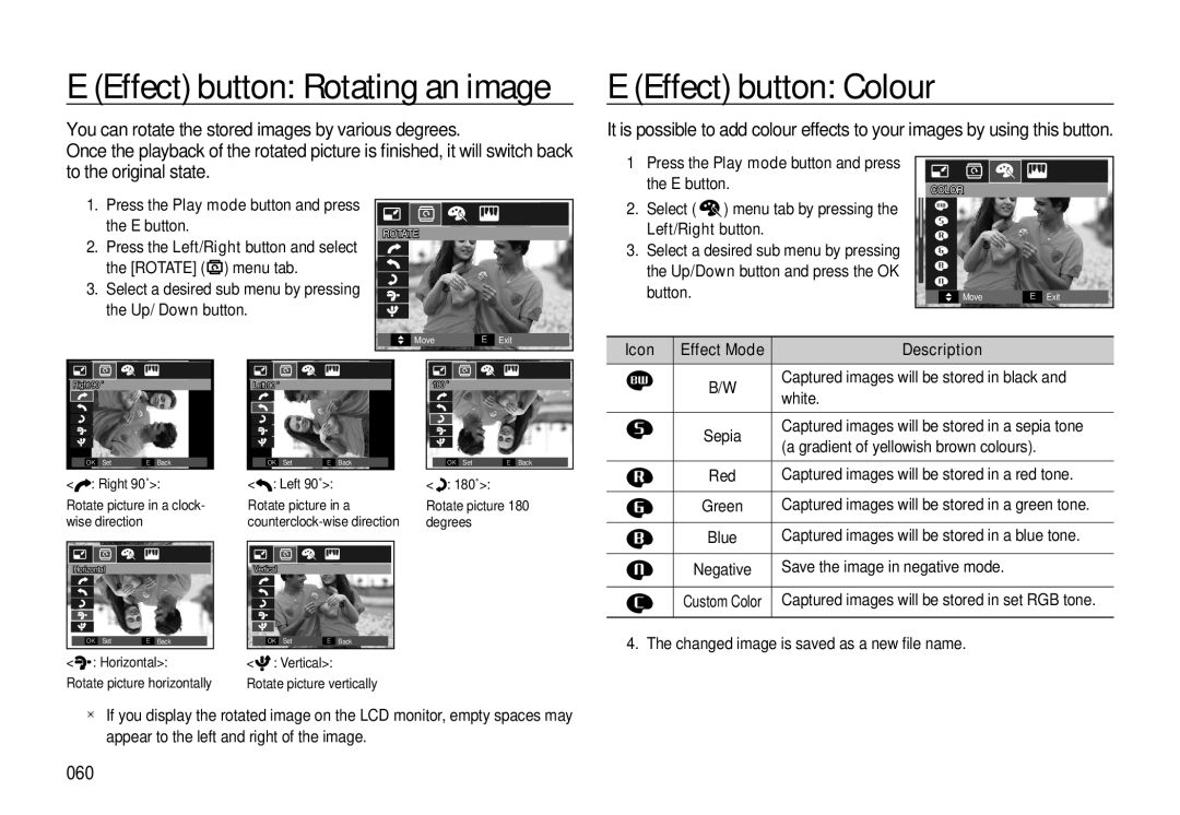 Samsung EC-L310WSDA/AS, EC-L310WNBA/FR, EC-L310WBBA/FR manual E Effect button Rotating an image, E Effect button Colour 