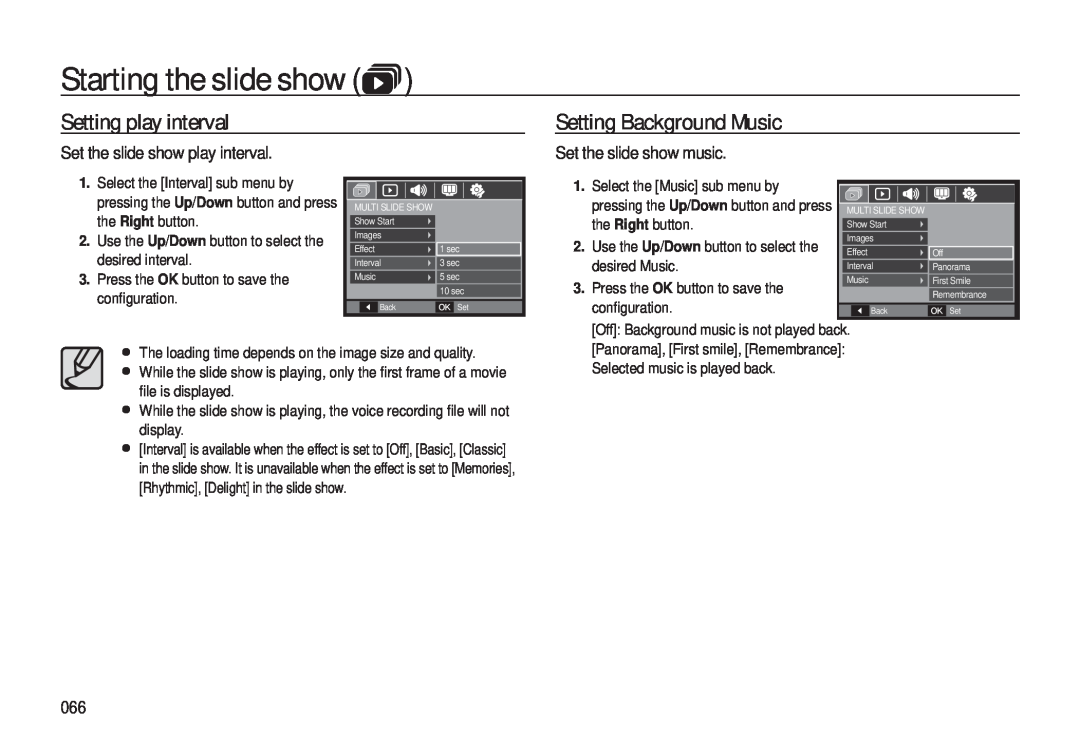 Samsung EC-L310WBDA/E3, EC-L310WNBA/FR Setting play interval, Setting Background Music, Set the slide show play interval 