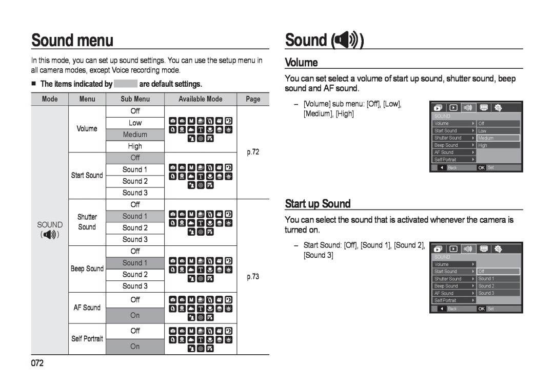 Samsung EC-L310WSBA/E2, EC-L310WNBA/FR Sound menu, Volume, Start up Sound, The items indicated by are default settings 