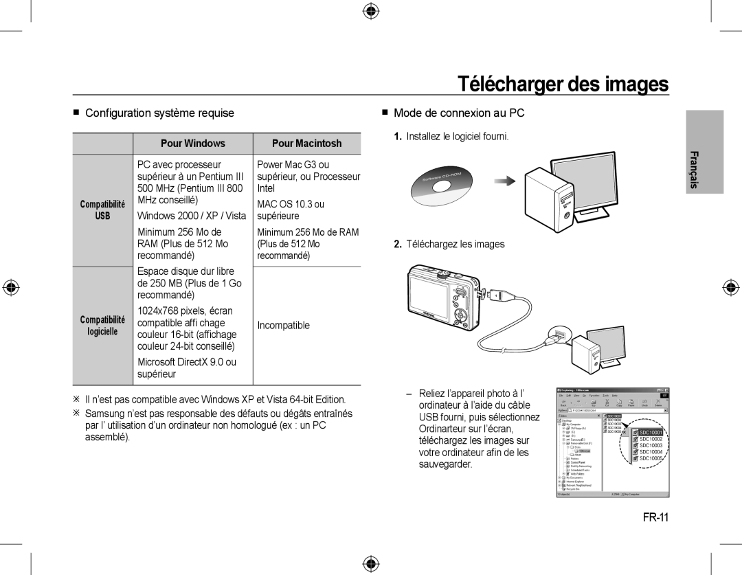 Samsung EC-L310WSBA/E2 manual Télécharger des images,  Conﬁguration système requise,  Mode de connexion au PC, FR-11 