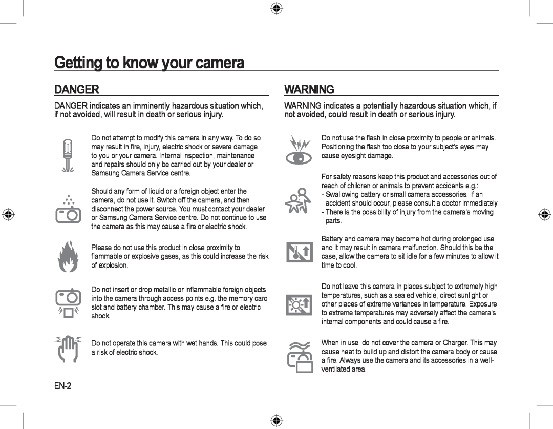 Samsung EC-L310WPBA/FR, EC-L310WNBA/FR, EC-L310WBBA/FR, EC-L310WSBA/FR manual Danger, Getting to know your camera, EN-2 