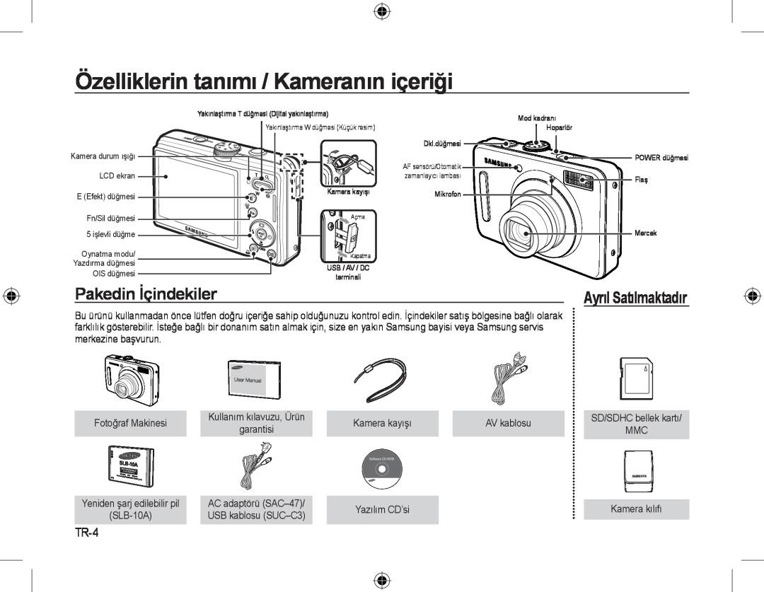 Samsung EC-L310WBBA/RU manual Özelliklerin tanımı / Kameranın içeriği, Pakedin İçindekiler, TR-4, Ayrıl Satılmaktadır 