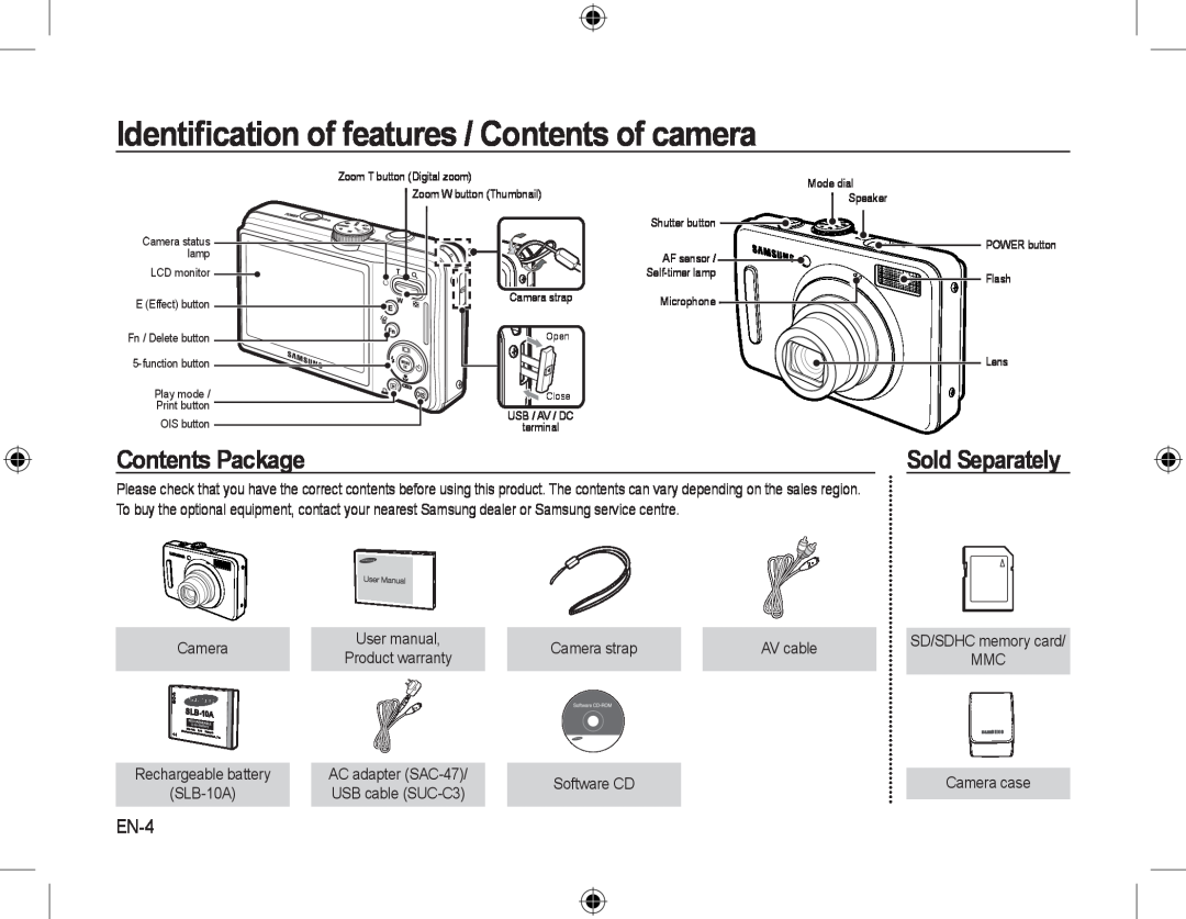 Samsung EC-L310WSBA/IT manual Identiﬁcation of features / Contents of camera, Contents Package, Sold Separately, EN-4 