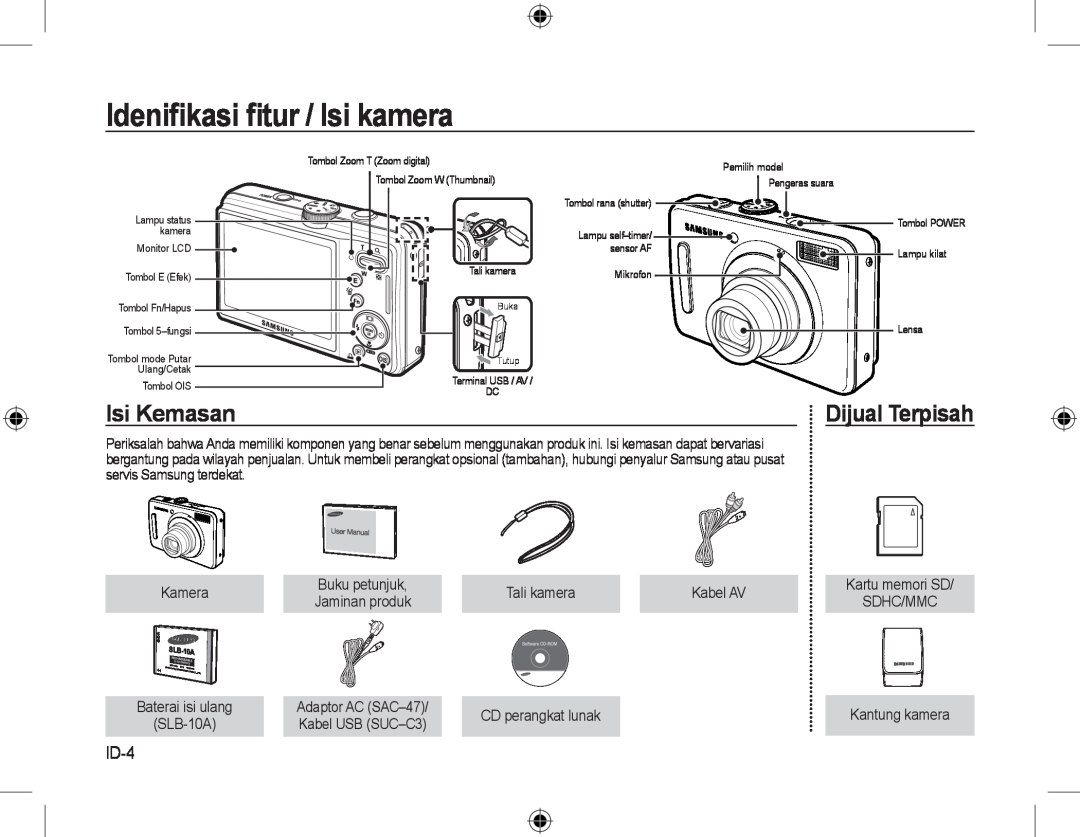Samsung EC-L310WSBA/E2, EC-L310WNBA/FR, EC-L310WBBA/FR Ideniﬁkasi ﬁtur / Isi kamera, Isi Kemasan, Dijual Terpisah, ID-4 
