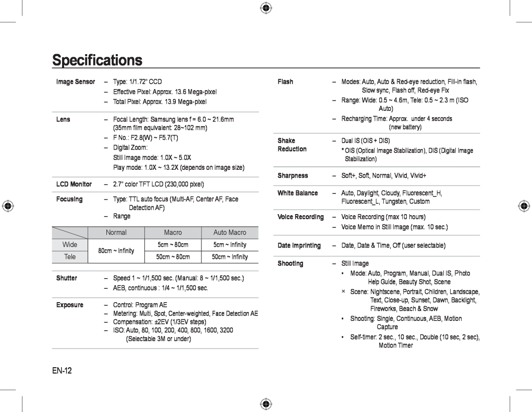 Samsung EC-L310WBBB/IT manual Speciﬁcations, EN-12, Lens, Focusing, Shutter, Exposure, Flash, Shake, Reduction, Sharpness 