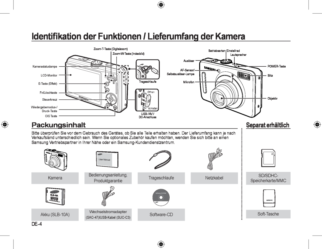 Samsung EC-L310WPBA/VN Identiﬁkation der Funktionen / Lieferumfang der Kamera, Packungsinhalt, Separat erhältlich, DE-4 