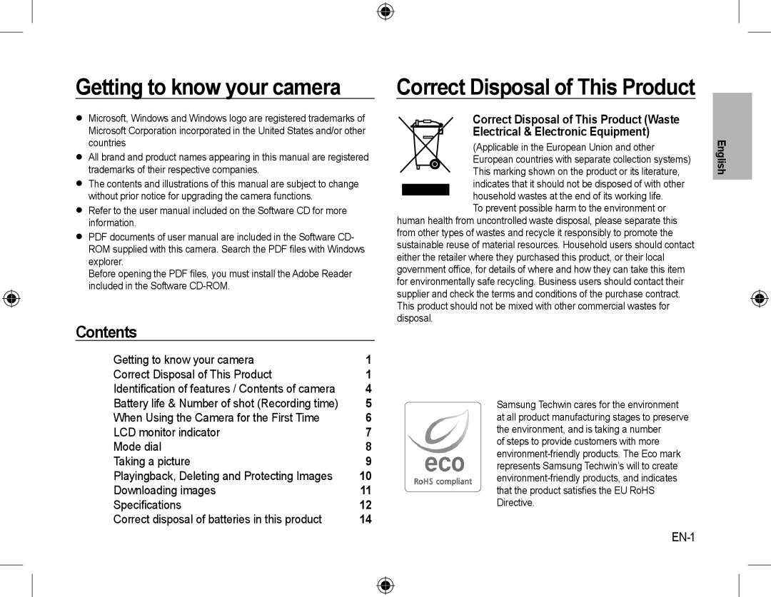 Samsung EC-L310WSBA/FR manual Getting to know your camera, Correct Disposal of This Product, Contents, EN-1, English 