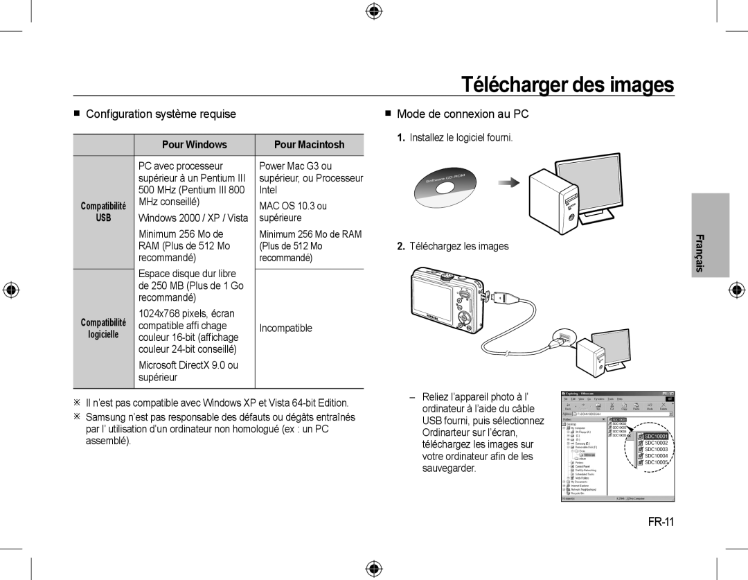Samsung EC-L310WSBA/IT Télécharger des images,  Conﬁguration système requise,  Mode de connexion au PC, FR-11, Français 