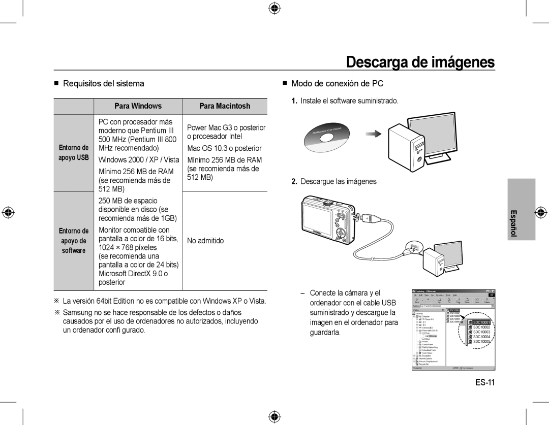 Samsung EC-L310WPBA/VN manual Descarga de imágenes,  Requisitos del sistema,  Modo de conexión de PC, ES-11, Para Windows 