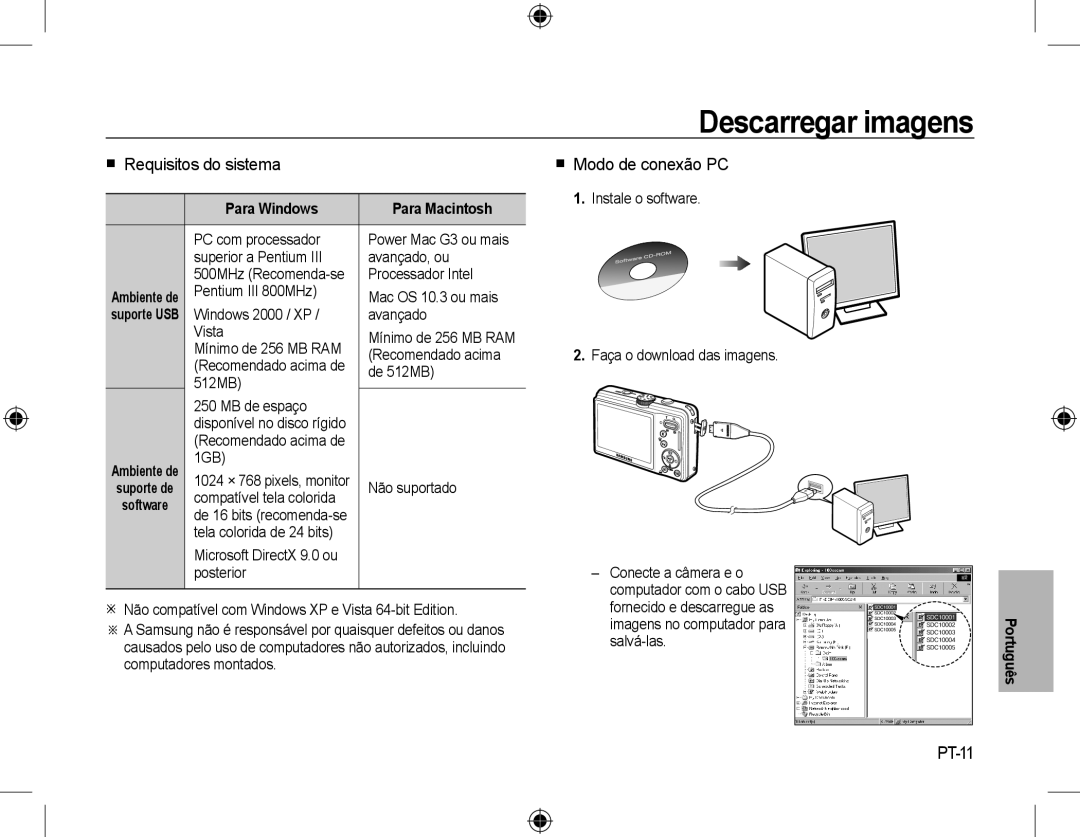 Samsung EC-L310WSBA/E2 Descarregar imagens,  Requisitos do sistema,  Modo de conexão PC, PT-11, Para Windows, Português 