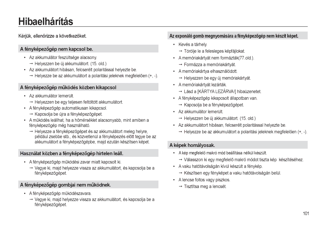 Samsung EC-L310WBBC/IT, EC-L310WPBC/IT, EC-L310WNBC/IT, EC-L310WSBC/IT, EC-L310WSBA/E1, EC-L310WBBA/E3 manual Hibaelhárítás 