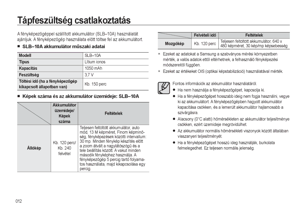 Samsung EC-L310WSBC/IT, EC-L310WPBC/IT, EC-L310WNBC/IT Tápfeszültség csatlakoztatás, SLB-10A akkumulátor műszaki adatai 