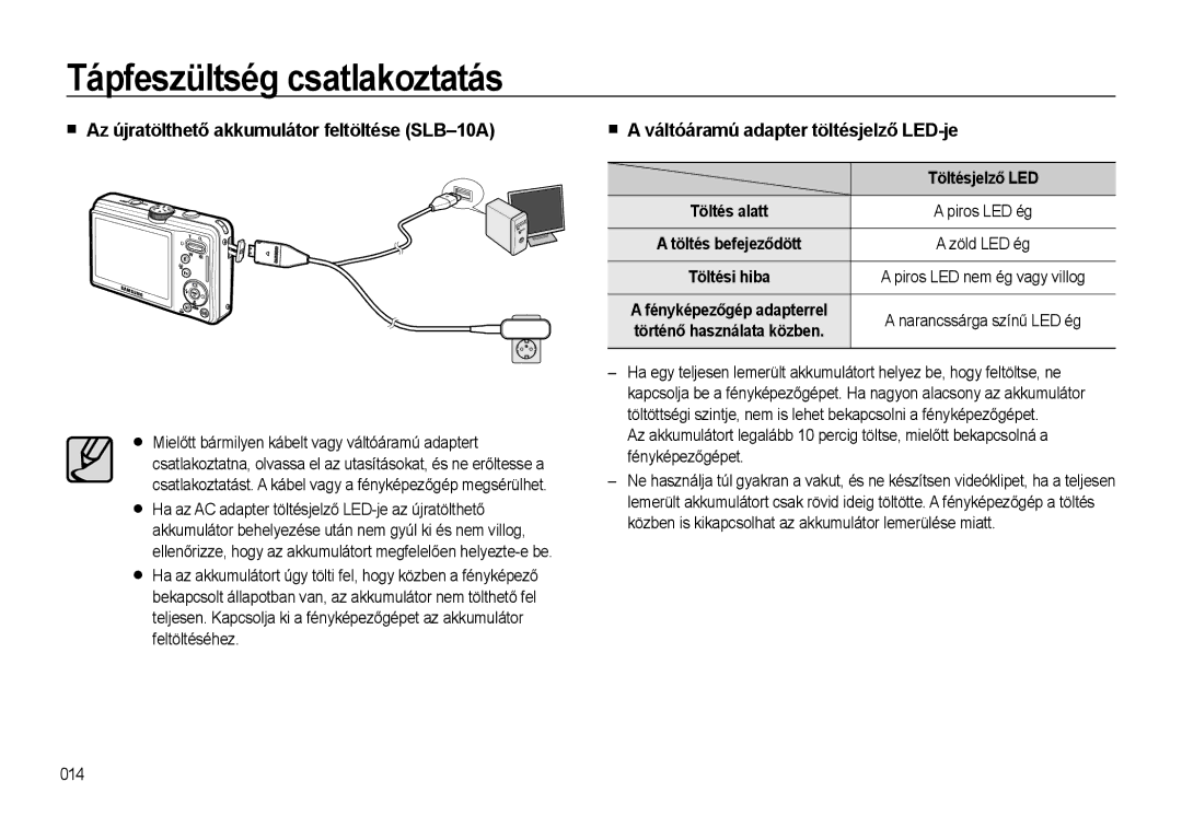 Samsung EC-L310WSBA/E1 manual Az újratölthető akkumulátor feltöltése SLB-10A, Váltóáramú adapter töltésjelző LED-je 