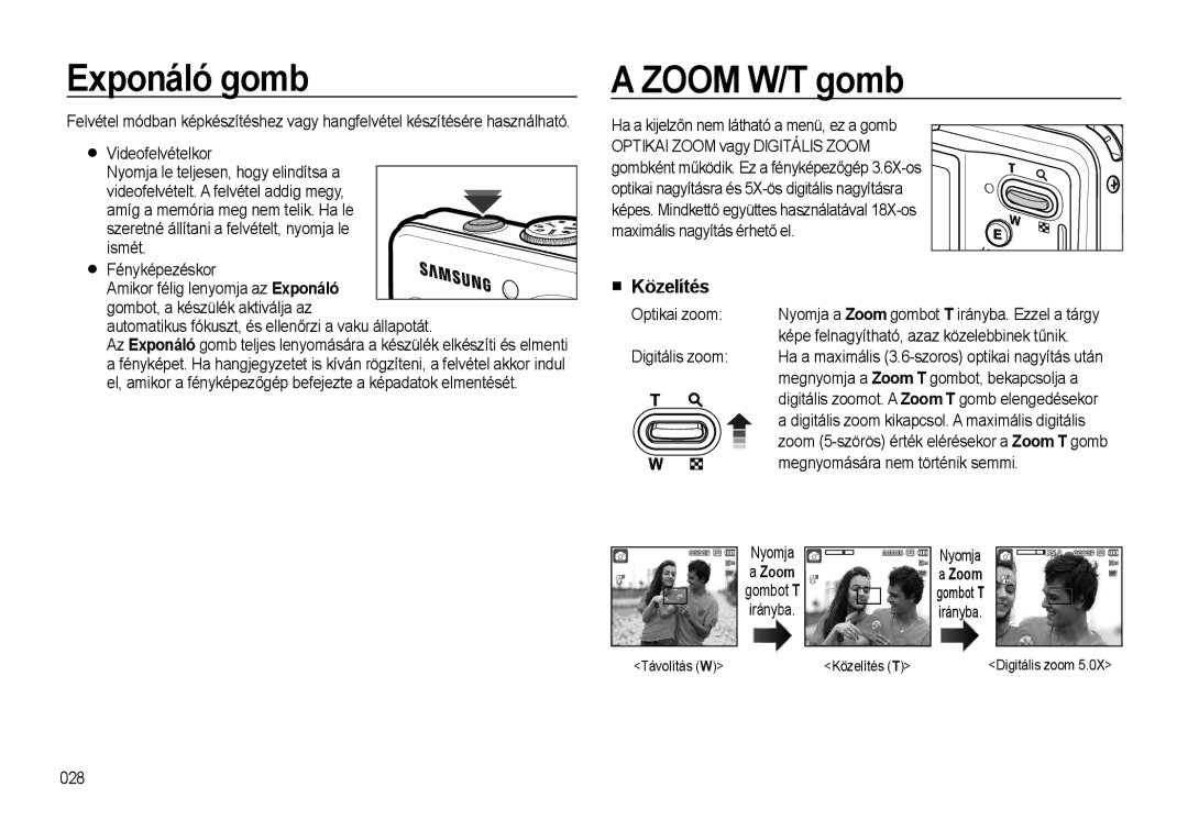 Samsung EC-L310WNBA/E3, EC-L310WPBC/IT, EC-L310WNBC/IT, EC-L310WSBC/IT manual Exponáló gomb, Zoom W/T gomb, Közelítés 