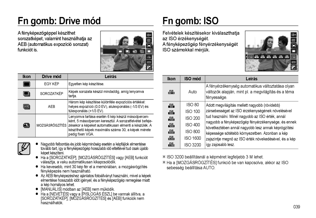 Samsung EC-L310WNBA/E3 manual Fn gomb Drive mód Fn gomb ISO, Felvételek készítésekor kiválaszthatja Az ISO érzékenységét 