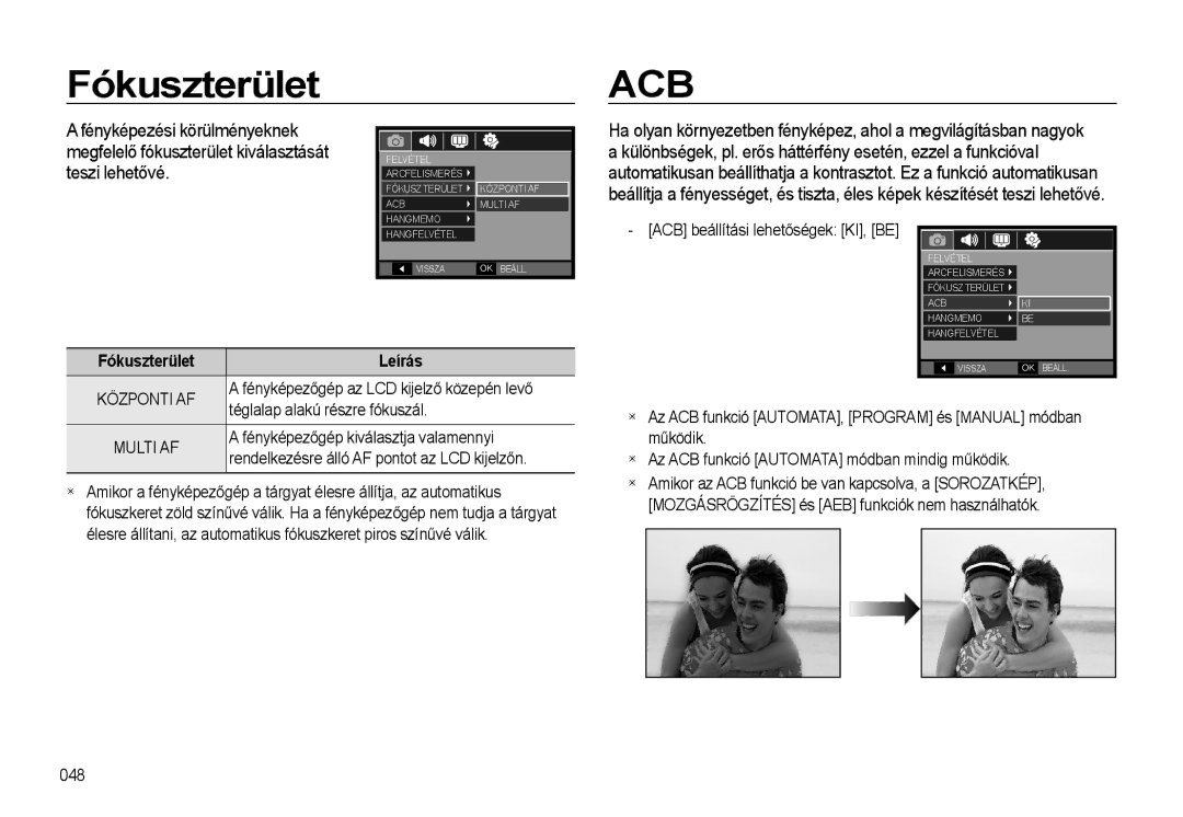 Samsung EC-L310WBBA/E3, EC-L310WPBC/IT, EC-L310WNBC/IT, EC-L310WSBC/IT, EC-L310WBBC/IT manual Fókuszterület Leírás 