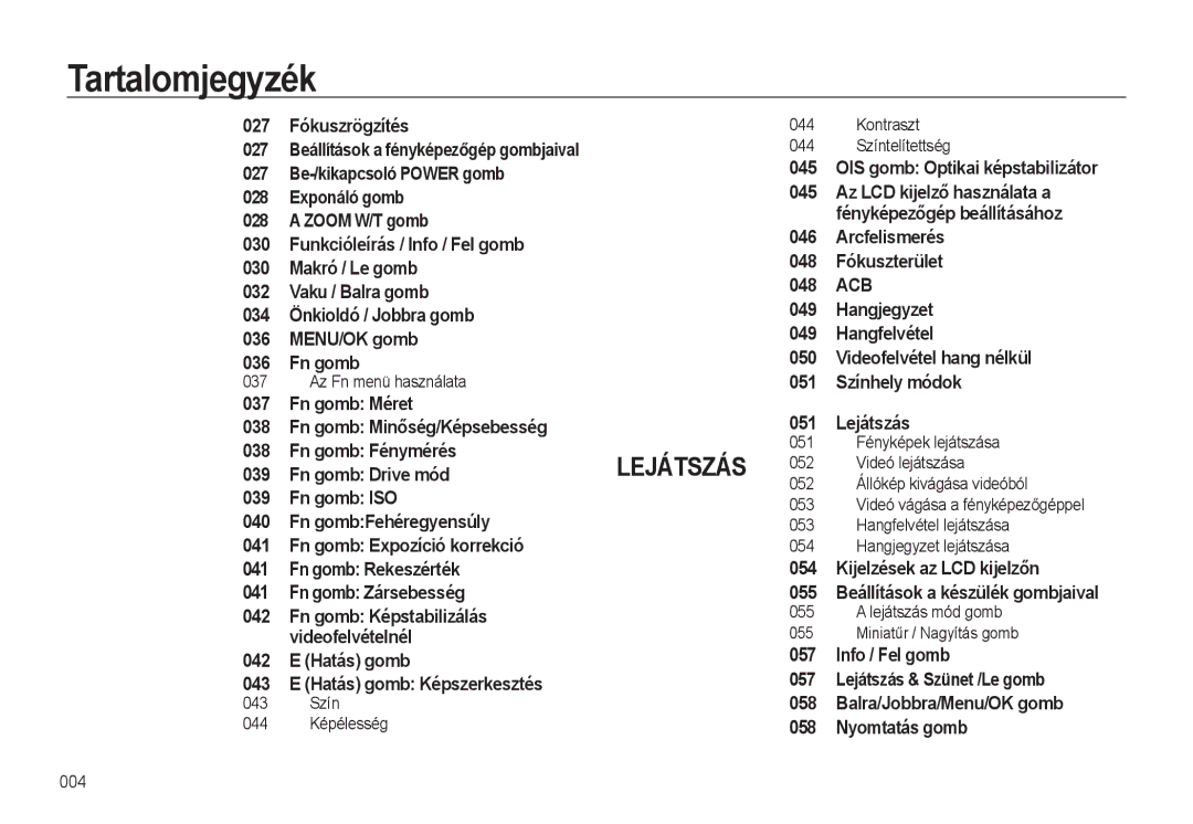 Samsung EC-L310WBBA/E3 manual 027 Fókuszrögzítés, 027 Be-/kikapcsoló Power gomb 045, Fn gomb Drive mód Fn gomb ISO, 058 