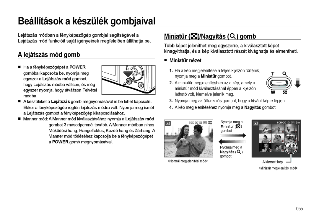 Samsung EC-L310WNBC/IT Beállítások a készülék gombjaival, Lejátszás mód gomb, Miniatűr /Nagyítás gomb, Miniatűr nézet 