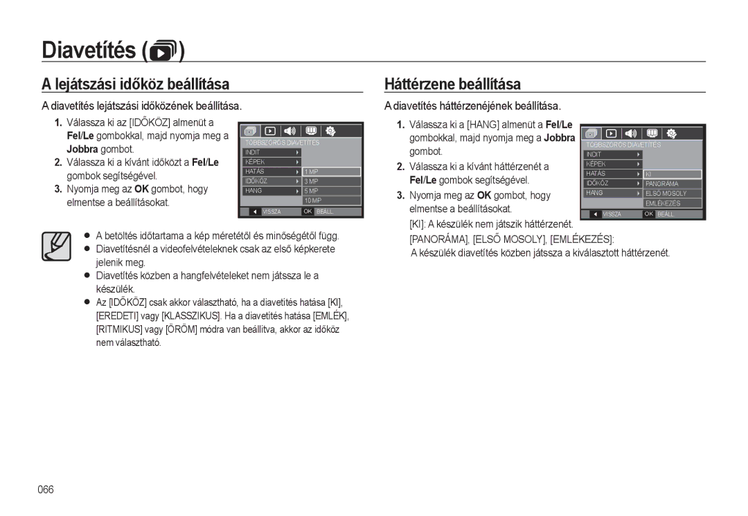 Samsung EC-L310WNBC/IT Lejátszási időköz beállítása, Háttérzene beállítása, Diavetítés lejátszási időközének beállítása 