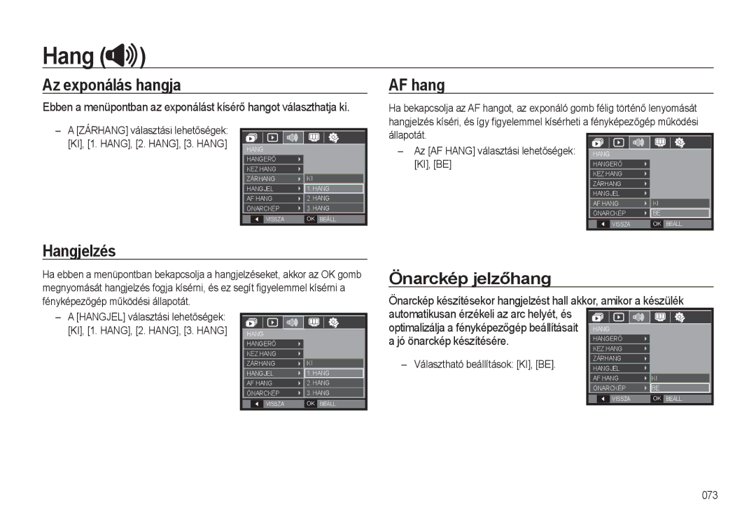 Samsung EC-L310WSBA/E3, EC-L310WPBC/IT, EC-L310WNBC/IT manual Az exponálás hangja, Hangjelzés, AF hang, Önarckép jelzőhang 