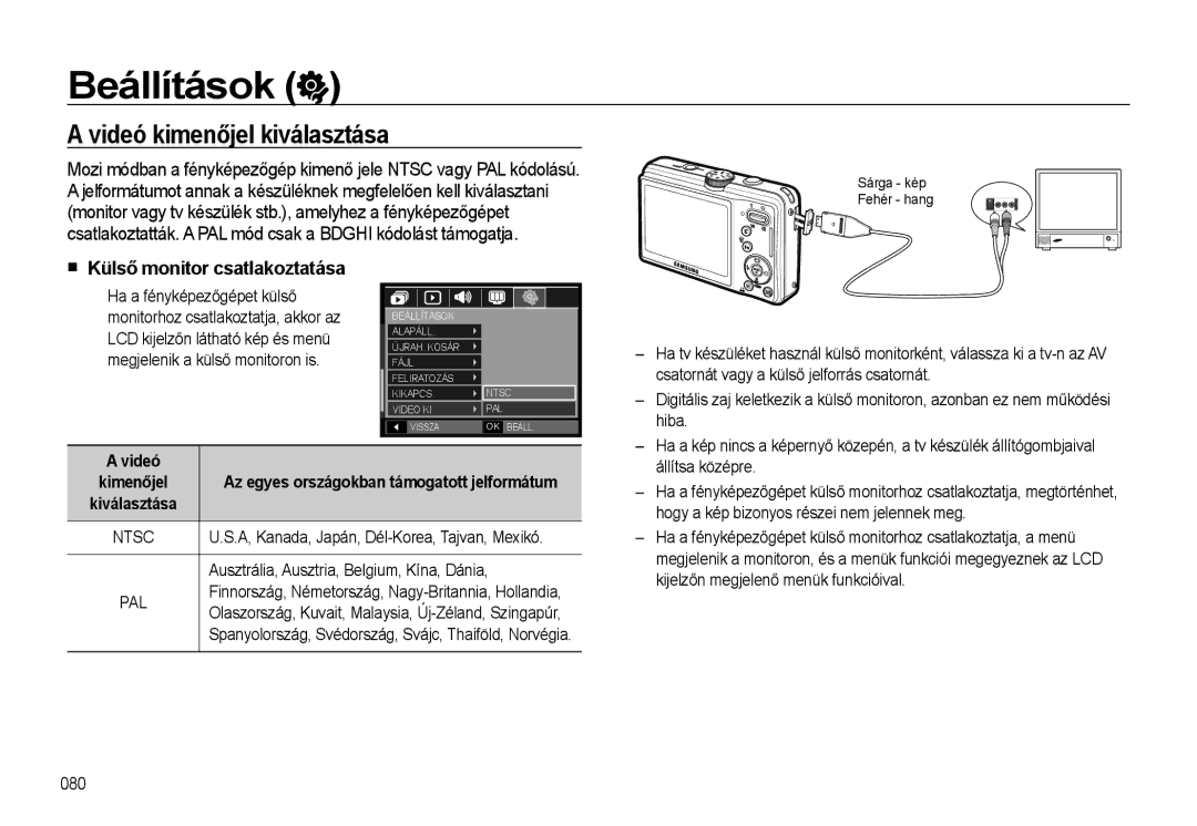 Samsung EC-L310WSBA/E1, EC-L310WPBC/IT, EC-L310WNBC/IT manual Videó kimenőjel kiválasztása, Külső monitor csatlakoztatása 