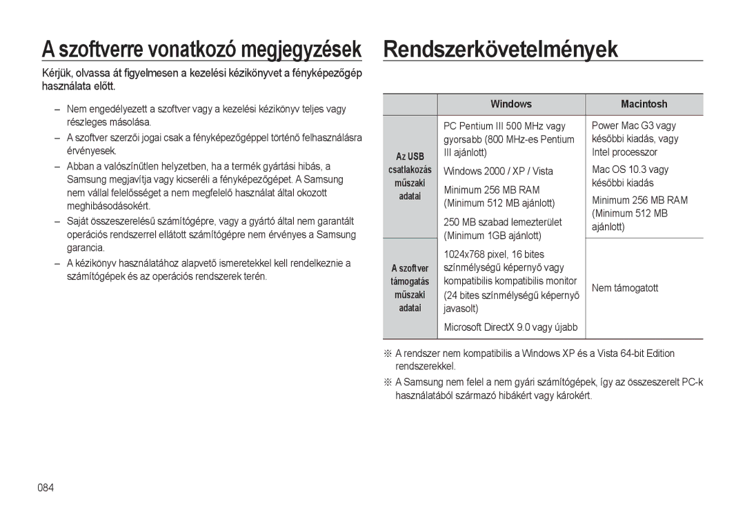 Samsung EC-L310WSBA/E3, EC-L310WPBC/IT, EC-L310WNBC/IT, EC-L310WSBC/IT manual Rendszerkövetelmények, Windows Macintosh 