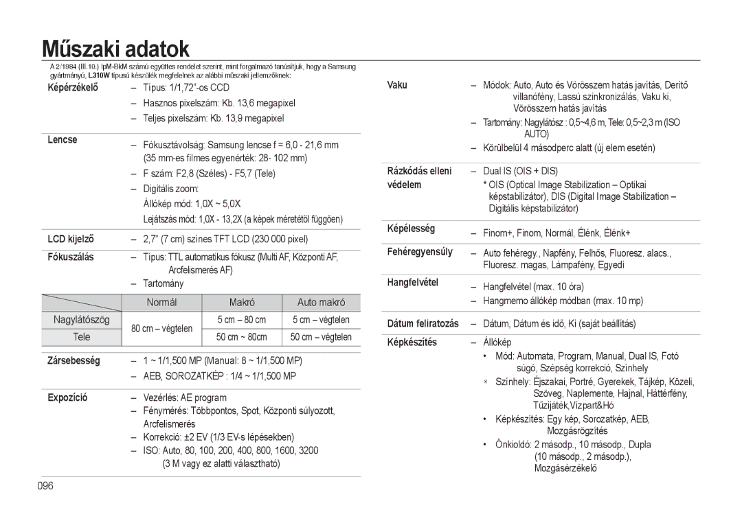 Samsung EC-L310WSBA/E2, EC-L310WPBC/IT, EC-L310WNBC/IT, EC-L310WSBC/IT, EC-L310WBBC/IT, EC-L310WSBA/E1 manual Műszaki adatok 