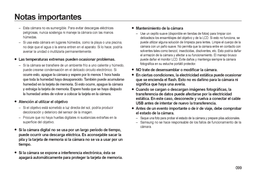 Samsung EC-L310WSBA/E1 manual Atención al utilizar el objetivo, Mantenimiento de la cámara, 099 