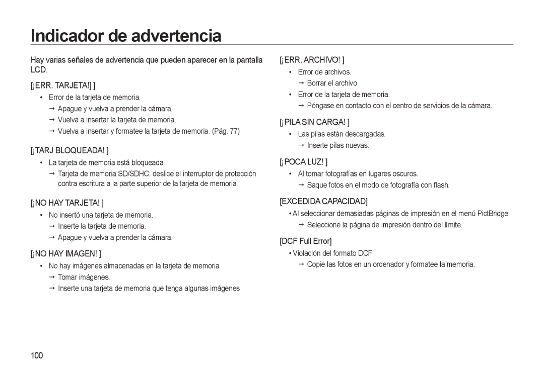 Samsung EC-L310WSBA/E1 manual Indicador de advertencia, DCF Full Error, 100, La tarjeta de memoria está bloqueada 