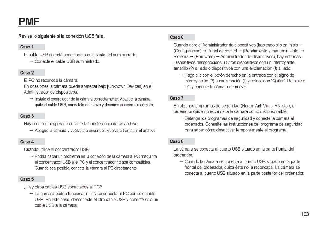 Samsung EC-L310WSBA/E1 manual Revise lo siguiente si la conexión USB falla, 103, Caso, Cuando utilice el concentrador USB 