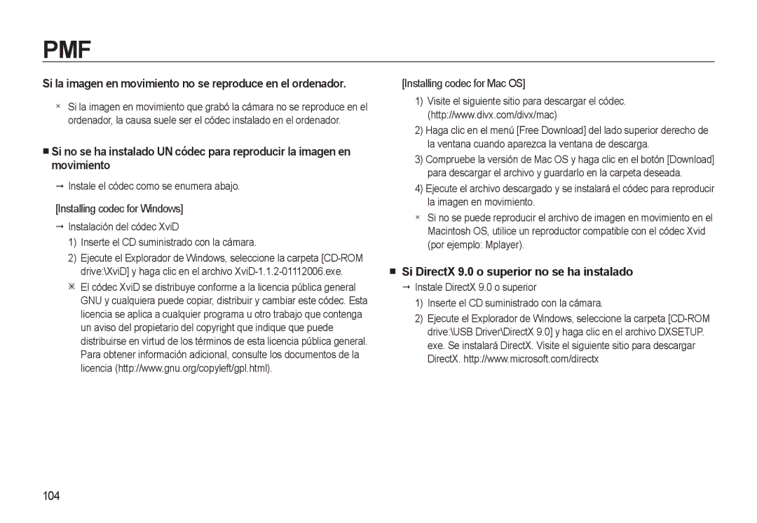 Samsung EC-L310WSBA/E1 manual Si DirectX 9.0 o superior no se ha instalado, 104,  Instale el códec como se enumera abajo 