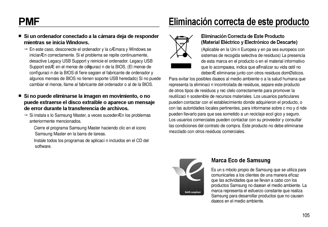 Samsung EC-L310WSBA/E1 manual Eliminación correcta de este producto, 105 