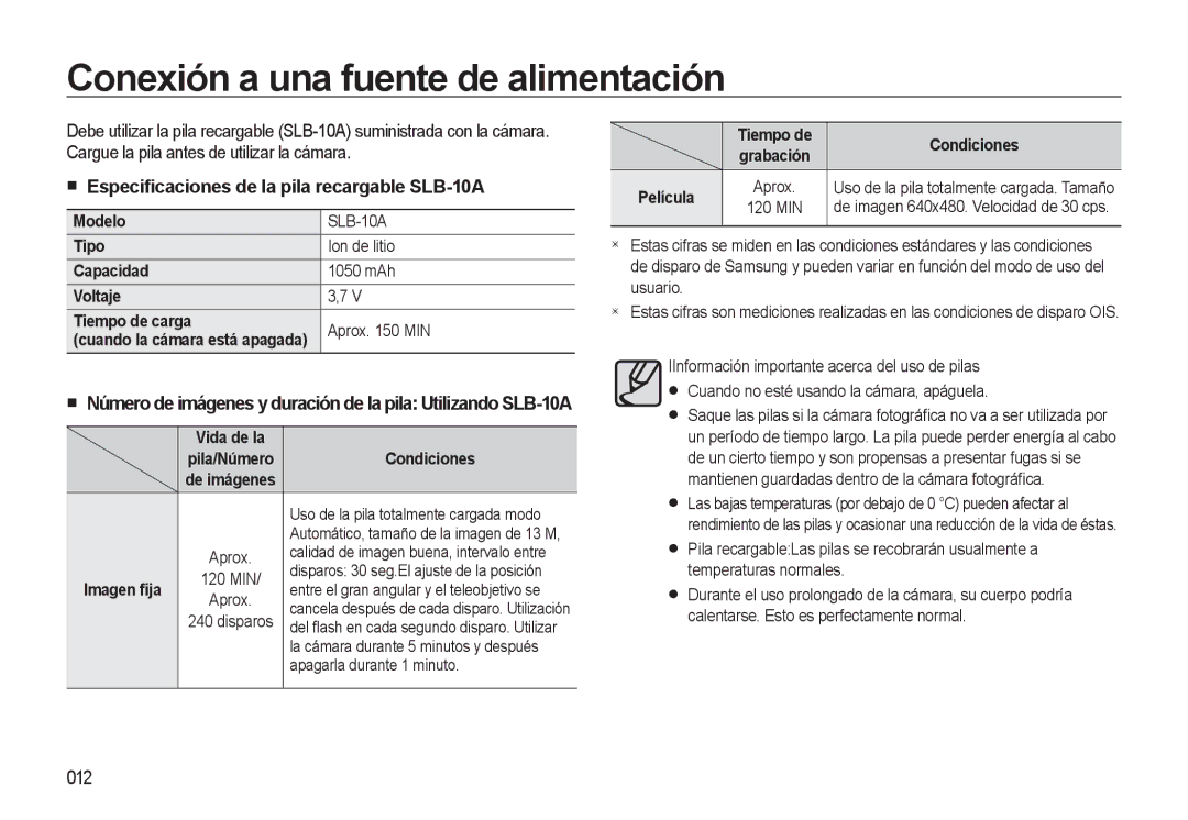 Samsung EC-L310WSBA/E1 manual Conexión a una fuente de alimentación, Especiﬁcaciones de la pila recargable SLB-10A, 012 