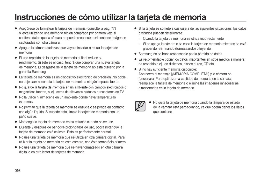 Samsung EC-L310WSBA/E1 manual Instrucciones de cómo utilizar la tarjeta de memoria, 016 