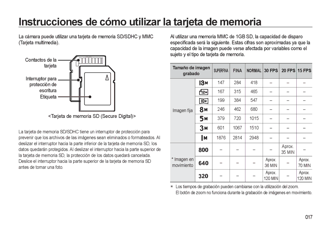 Samsung EC-L310WSBA/E1 manual Tarjeta de memoria SD Secure Digital, 017 