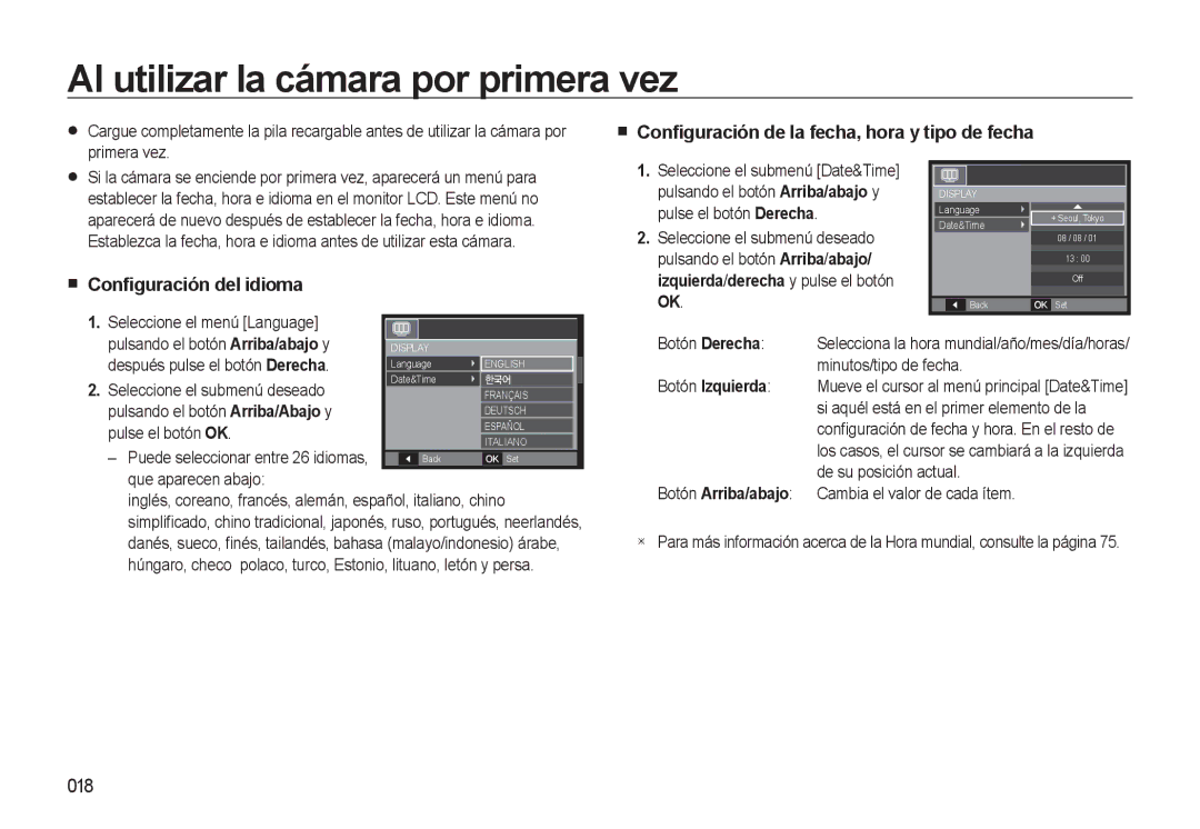 Samsung EC-L310WSBA/E1 manual Al utilizar la cámara por primera vez, Conﬁguración de la fecha, hora y tipo de fecha, 018 