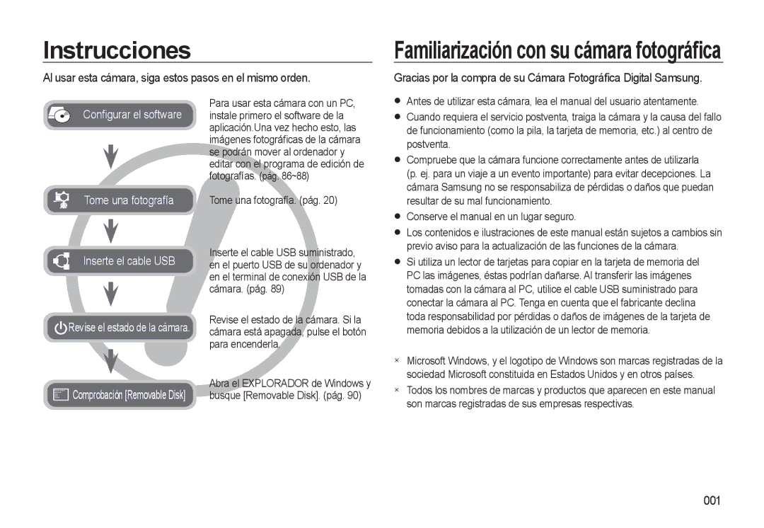 Samsung EC-L310WSBA/E1 manual Instrucciones, Al usar esta cámara, siga estos pasos en el mismo orden, 001 