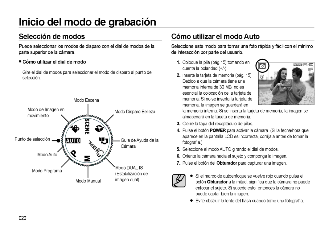 Samsung EC-L310WSBA/E1 manual Inicio del modo de grabación, Selección de modos, Cómo utilizar el modo Auto, 020 