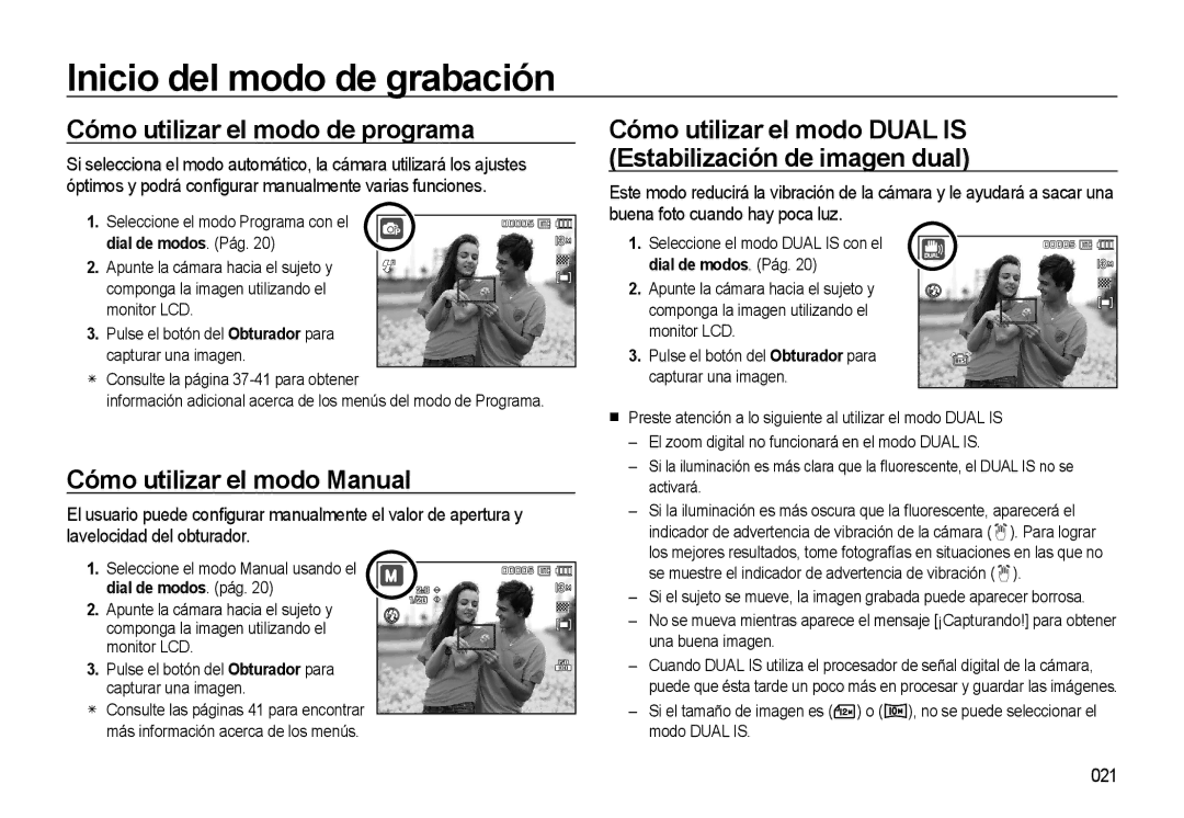 Samsung EC-L310WSBA/E1 manual Cómo utilizar el modo de programa, Cómo utilizar el modo Manual, 021, Dial de modos. Pág 