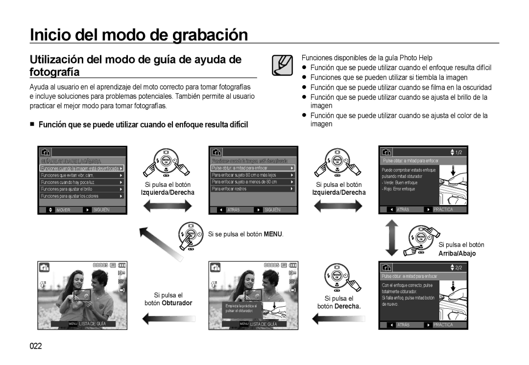 Samsung EC-L310WSBA/E1 manual Utilización del modo de guía de ayuda de fotografía, 022 