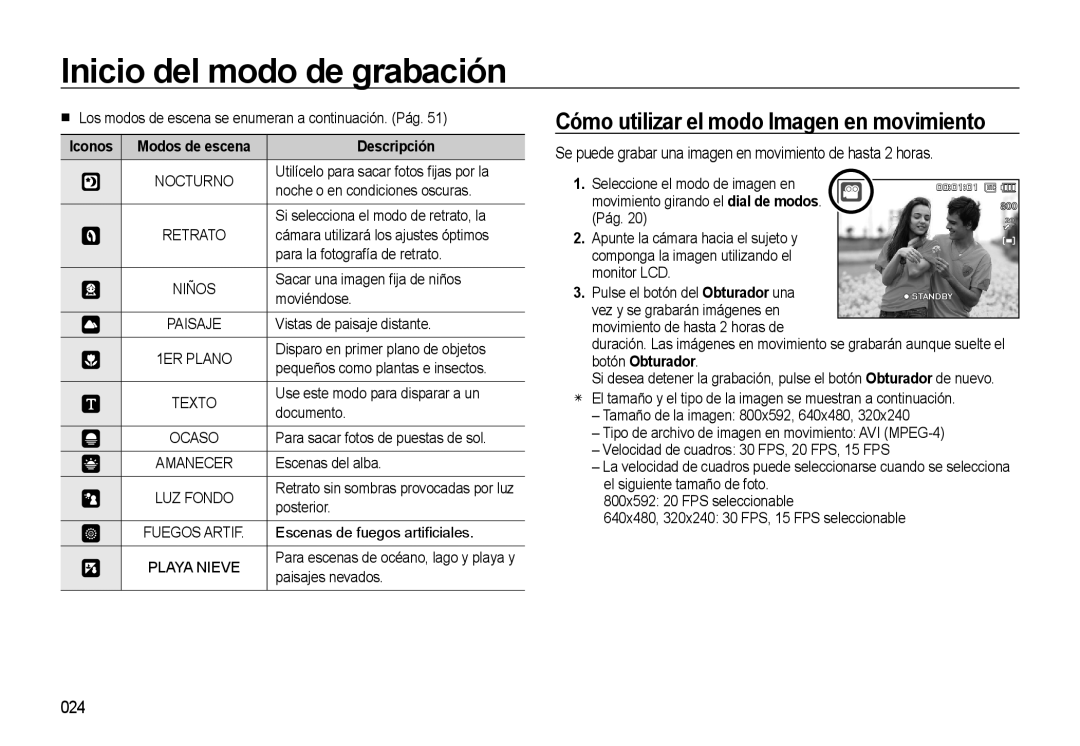 Samsung EC-L310WSBA/E1 manual Cómo utilizar el modo Imagen en movimiento, 024, Iconos Modos de escena Descripción 