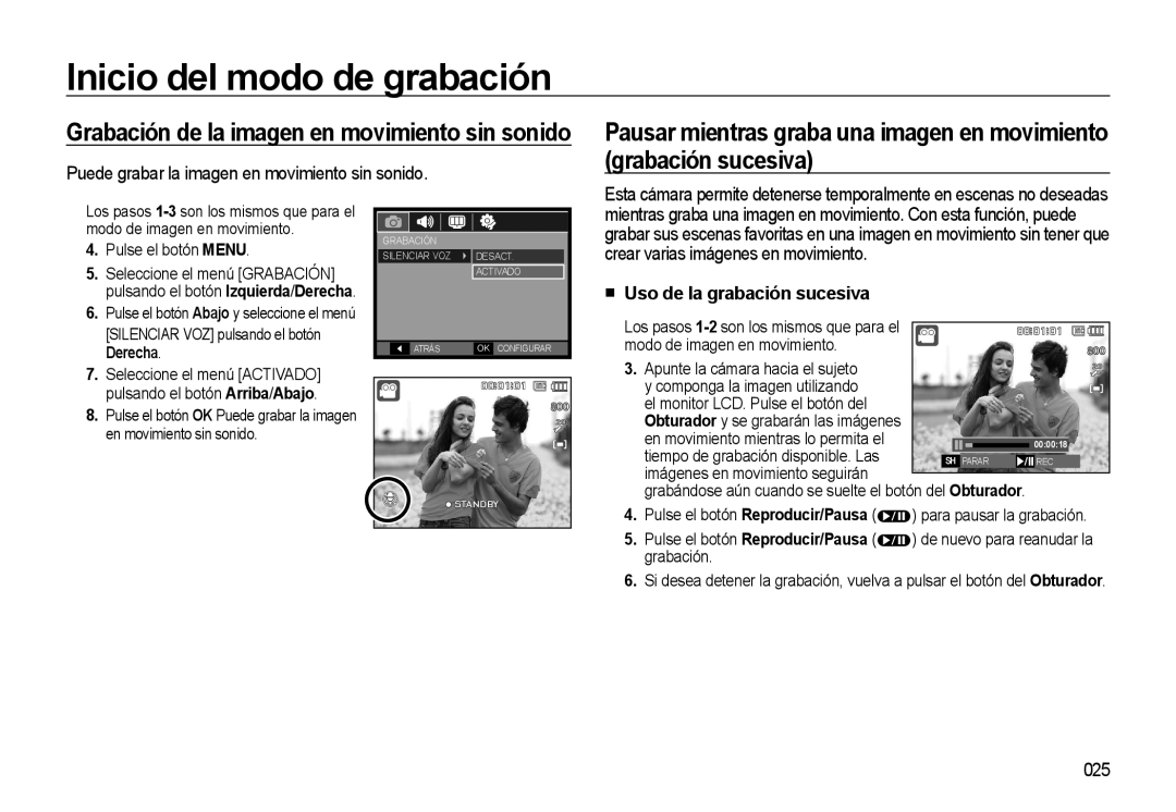 Samsung EC-L310WSBA/E1 manual Puede grabar la imagen en movimiento sin sonido, Uso de la grabación sucesiva, 025 