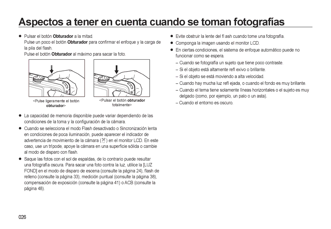 Samsung EC-L310WSBA/E1 manual Aspectos a tener en cuenta cuando se toman fotografías, 026, Obturador 