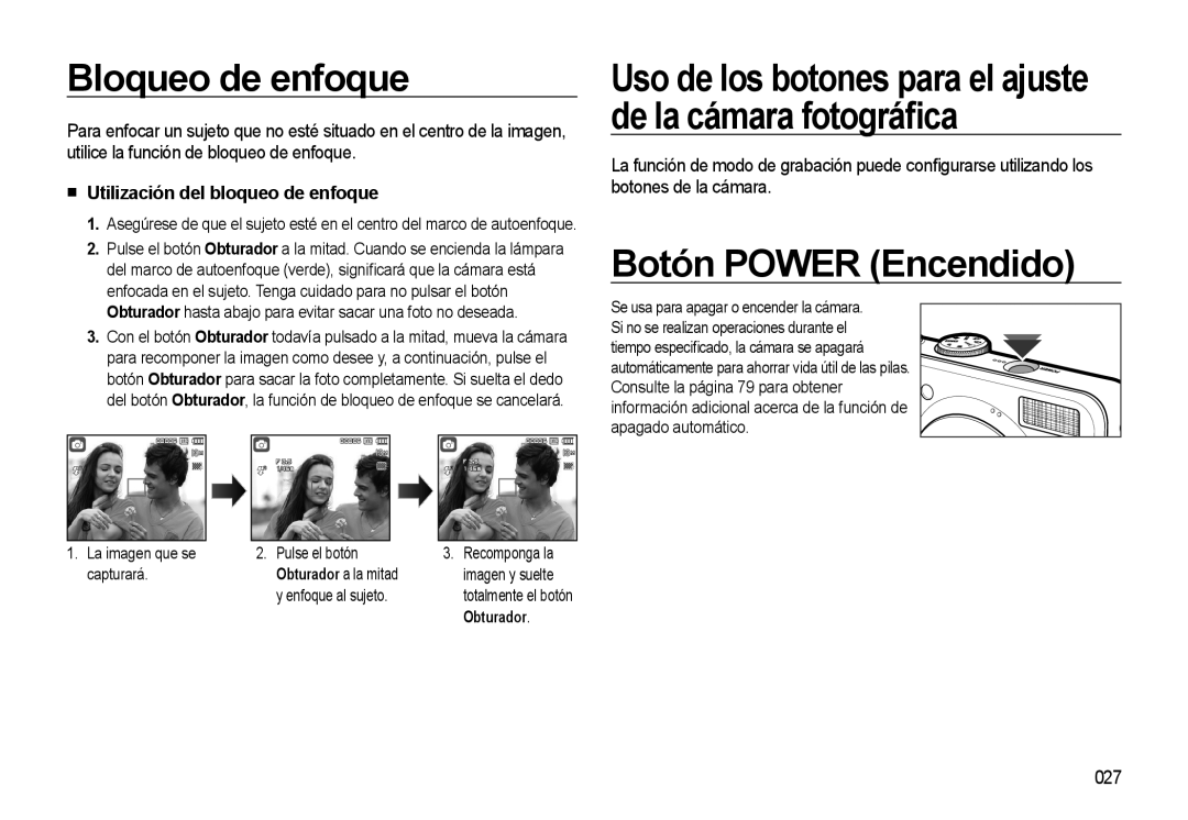 Samsung EC-L310WSBA/E1 manual Bloqueo de enfoque, Botón Power Encendido, Utilización del bloqueo de enfoque, 027 