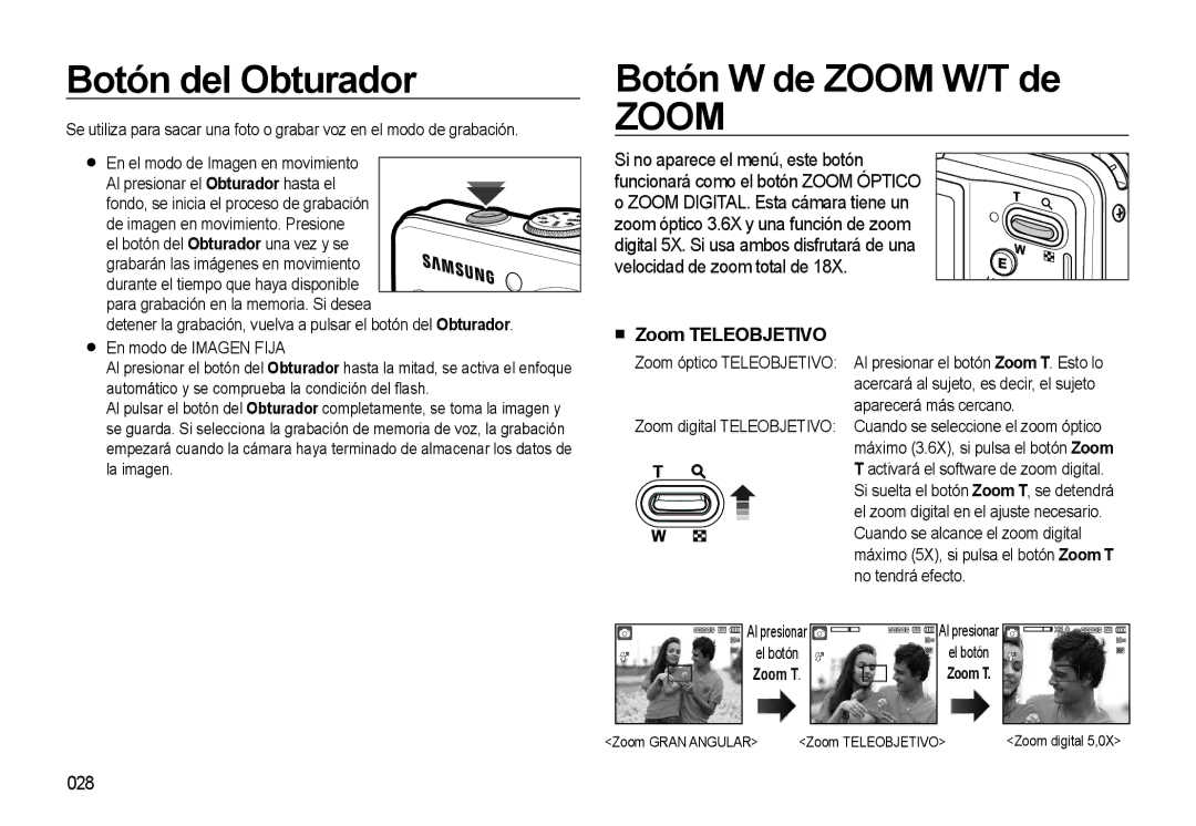 Samsung EC-L310WSBA/E1 manual Botón del Obturador, Botón W de Zoom W/T de, Zoom Teleobjetivo, 028 