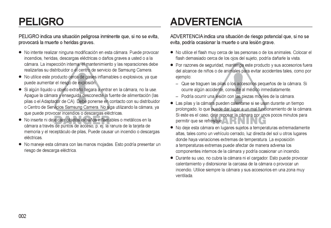 Samsung EC-L310WSBA/E1 manual Peligro, 002 