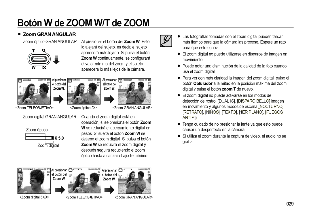 Samsung EC-L310WSBA/E1 manual Botón W de Zoom W/T de Zoom, Zoom Gran Angular, 029, Zoom óptico Zoom digital, Artif 