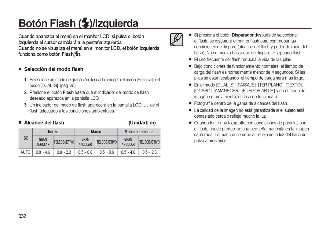 Samsung EC-L310WSBA/E1 manual Botón Flash /Izquierda, Selección del modo ﬂash, Alcance del ﬂash Unidad m, 032, Normal Macro 